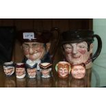 TWO LARGE SIZED ROYAL DOULTON CHARACTER JUGS, together with a set of six re-issued limited edition