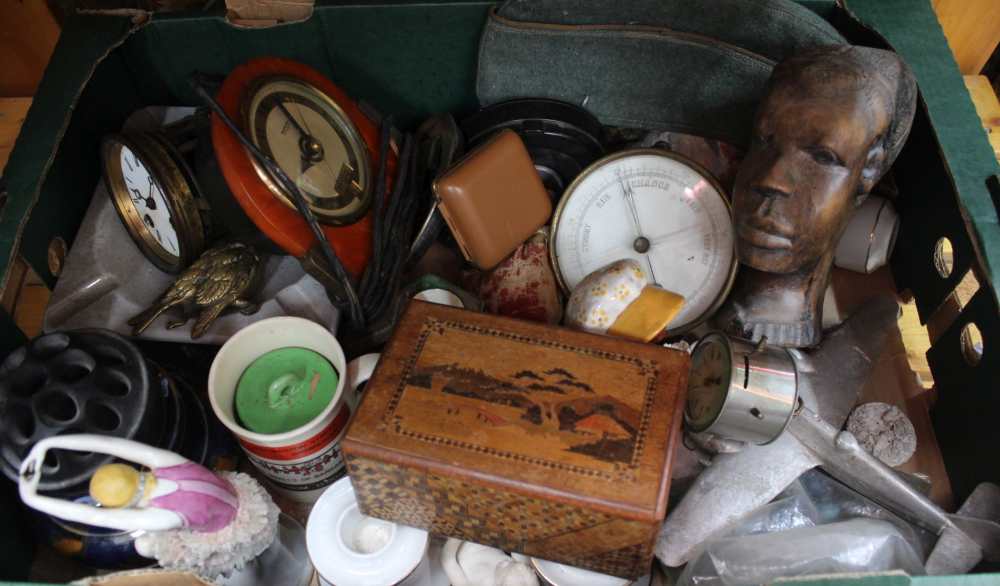 A BOX CONTAINING A SELECTION OF DOMESTIC COLLECTABLES VARIOUS to include; marbles, clocks, figurines