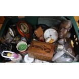 A BOX CONTAINING A SELECTION OF DOMESTIC COLLECTABLES VARIOUS to include; marbles, clocks, figurines