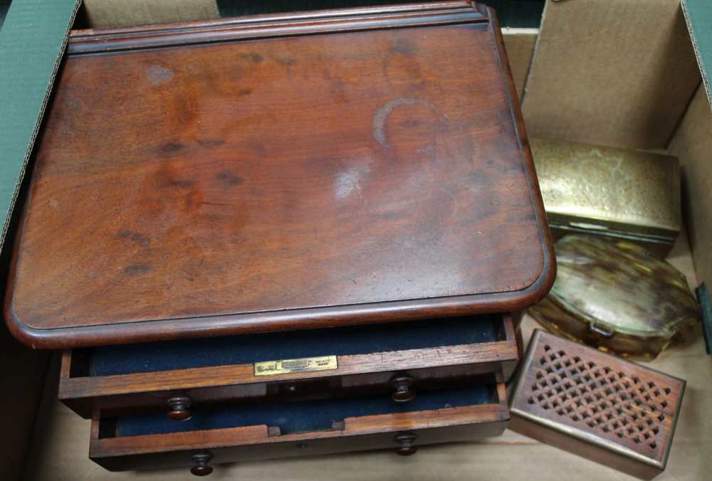 A BOX CONTAINING A MAHOGANY TABLE TOP TWO DRAWER CABINET together with a selection of boxes various