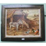 L. KERSH AN OIL ON CANVAS STUDY OF A FARMYARD SCENE with chickens & donkeys, reminiscent of an Edgar