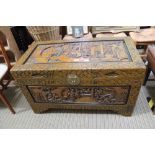 A CARVED ORIENTAL BOX COFFER with tray topped interior