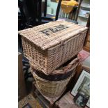 A SELECTION OF WOVEN WICKER BASKETS together with a Fortnum & Mason branded hamper