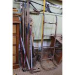 A VINTAGE METAL SACK TRUCK and A VINTAGE IRON BOUND CARTWHEEL together with a selection of