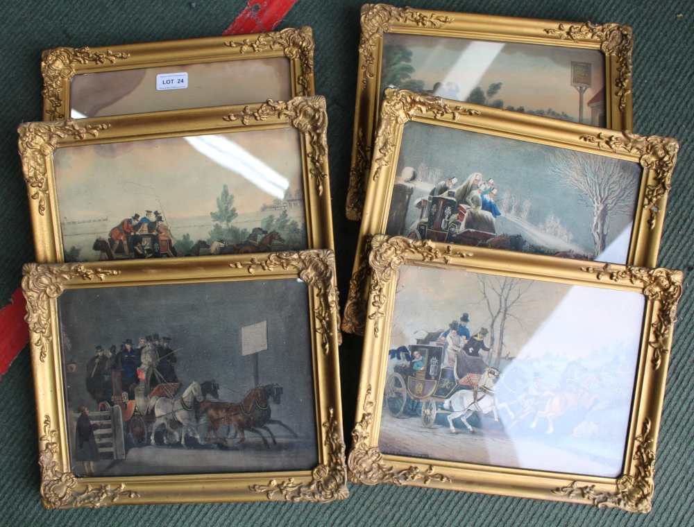SIX VARIOUS COLOURED COACHING PRINTS from the 19th century, with period moulded gilt frames