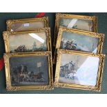 SIX VARIOUS COLOURED COACHING PRINTS from the 19th century, with period moulded gilt frames