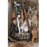 A BOX CONTAINING A SELECTION OF METALWARES VARIOUS to include, a thatcher's tool