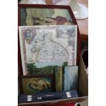 A BOX CONTAINING A SELECTION OF DECORATIVE PICTURES & PRINTS, together with a cased silver-plated