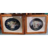TWO WELL GLAZED & FRAMED TAPESTRY WOOLWORKS depicting a basket of flowers, in birdseye maple