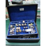 A BLUE JEWELLERY BOX, plus contents