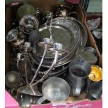 A BOX CONTAINING A SELECTION OF DOMESTIC METALWARES the majority silver plated, also to include