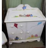 A DECORATIVELY PAINTED BABY CHANGING UNIT, with three drawers and a single cupboard door