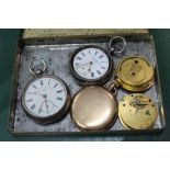 A VINTAGE METAL CIGARETTE TIN containing a selection of pocket watches and parts