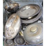 A PLASTIC TRAY CONTAINING A LARGE SELECTION OF DOMESTIC METALWARES the majority silver plate, to