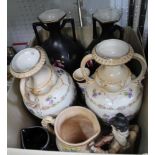 A BOX CONTAINING TWO POTTERY VASES, JUGS AND FIGURINE OF A FIDDLE PLAYER