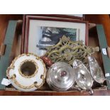 A BOX FULL OF DOMESTIC ITEMS to include; silver plate, framed prints and a Dutch pottery vase with
