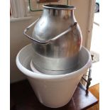 TWO LARGE WHITE GLAZED PLANTERS together with a metal MILK CHURN