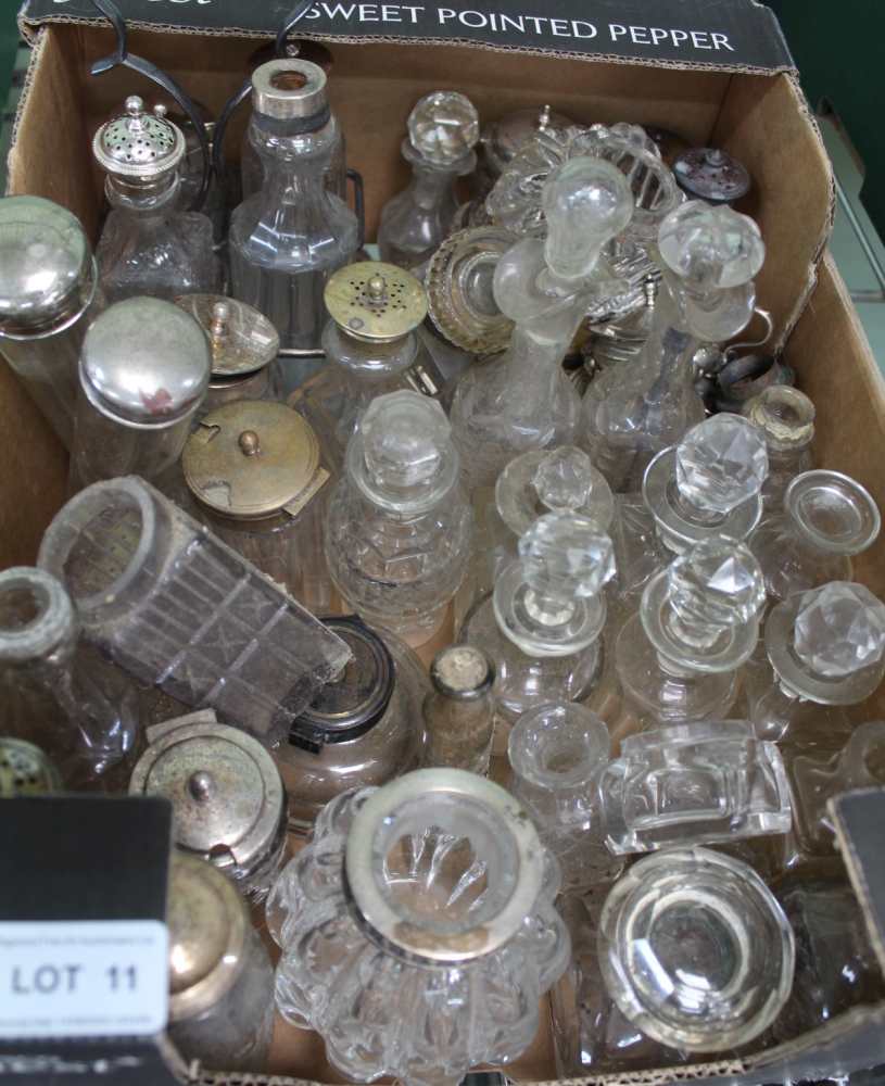 A BOX CONTAINING A LARGE SELECTION OF PREDOMINANTLY 19TH CENTURY GLASS CRUET & DRESSING TABLE