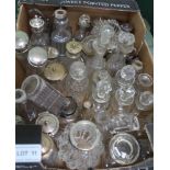 A BOX CONTAINING A LARGE SELECTION OF PREDOMINANTLY 19TH CENTURY GLASS CRUET & DRESSING TABLE