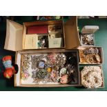 A SELECTION OF COSTUME JEWELLERY VARIOUS and associated items, together with a tin plate wind-up dog
