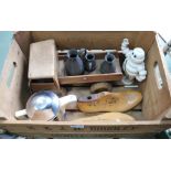 A USEFUL WOODEN CRATE CONTAINING A SELECTION OF DOMESTIC WARES VARIOUS to include; gas lamp, model