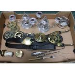 A BOX CONTAINING A SELECTION OF DOMESTIC METALWARES to include silver-plated table candelabra, horse