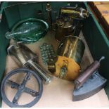 A BOX CONTAINING A CLOCKWORK BRASS MEAT JACK, a blow torch, modern glass ashtray etc.
