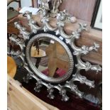 A LARGE MODERN PART SILVERED FANCY FRAME CIRCULAR BEVEL PLATE WALL MIRROR