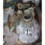 A BOX OF COLLECTABLE DOMESTIC ITEMS both china & glass wares