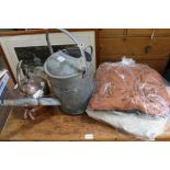 TWO AFRICAN ANIMAL THEMED CUSHIONS together with a galvanised watering can and a 19th century copper