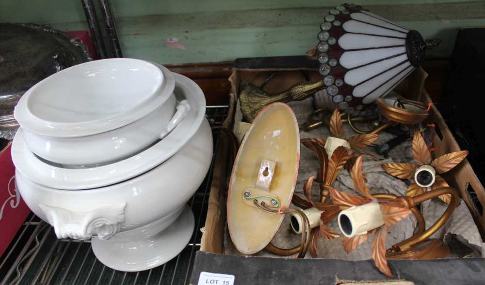 TWO WHITE GLAZED POTTERY TUREENS & COVERS together with a box full of DOMESTIC LIGHTING