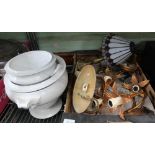 TWO WHITE GLAZED POTTERY TUREENS & COVERS together with a box full of DOMESTIC LIGHTING