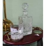 A GLASS DECANTER & STOPPER with part fitted tray, together with a hallmarked SILVER BASED TUMBLER