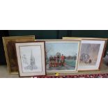 A SMALL SELECTION OF DECORATIVE PICTURES & PRINTS, to include an original hunting scene