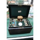 A 19TH CENTURY JEWELLERY BOX containing a selection of jewellery, watches and associated items