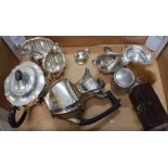 A BOX OF DOMESTIC METALWARES the majority silver-plated, but to include some hallmarked silver items