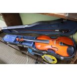 A CASED STUDENT'S VIOLIN & BOW