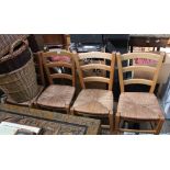 FOUR MODERN BAR BACK BEECHWOOD KITCHEN CHAIRS with rush seats