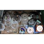 A BOX OF DOMESTIC COLLECTABLES, to include; drinking glasses, hip flasks etc.