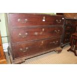 A 19TH CENTURY MAHOGANY FINISHED GRADUATING THREE DRAWER CHEST, supported on bracket feet