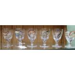 SIX STEMMED GLASSES each hand painted with a different fresh water fish