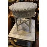 TWO FRENCH GREY PAINTED WOVEN WICKER & BAMBOO TABLES