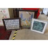 A WOODEN FRAMED TAPESTRY FIRE SCREEN together with a Limited Edition Donkey print & a series of