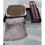 A CONTINENTAL SILVER CHAINMAIL PURSE together with a silver mounted crocodile skin cigar holder, and
