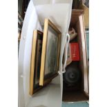 A BOX CONTAINING A SELECTION OF COLLECTABLE DOMESTIC ITEMS VARIOUS to include decorative prints,