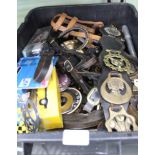 A LARGE BLACK CRATE OF DOMESTIC COLLECTABLES to include; horse brasses, boxed model vehicles etc.