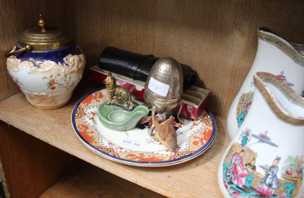 A SHELF FULL OF COLLECTABLE AND DOMESTIC ITEMS VARIOUS, to include pottery and metalwares