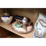 A SHELF FULL OF COLLECTABLE AND DOMESTIC ITEMS VARIOUS, to include pottery and metalwares