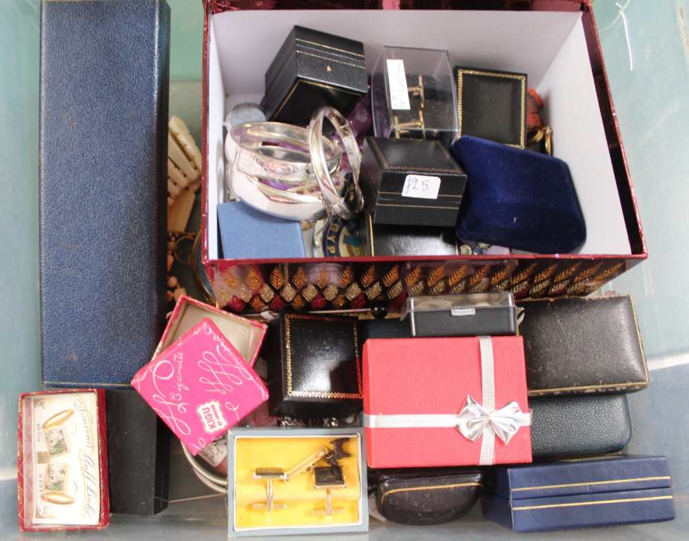 A BOX CONTAINING A GOOD SELECTION OF COSTUME JEWELLERY, to include hallmarked silver bangles