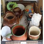A BOX OF DOMESTIC POTTERY AND GLASSWARE to include harvest jugs, and uranium Jack in the Pulpit vase